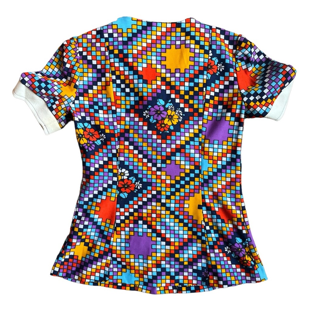 Vintage 60s Mod Colorful Floral Geometric Wide Collar Button Up Shirt - Picture 11 of 13